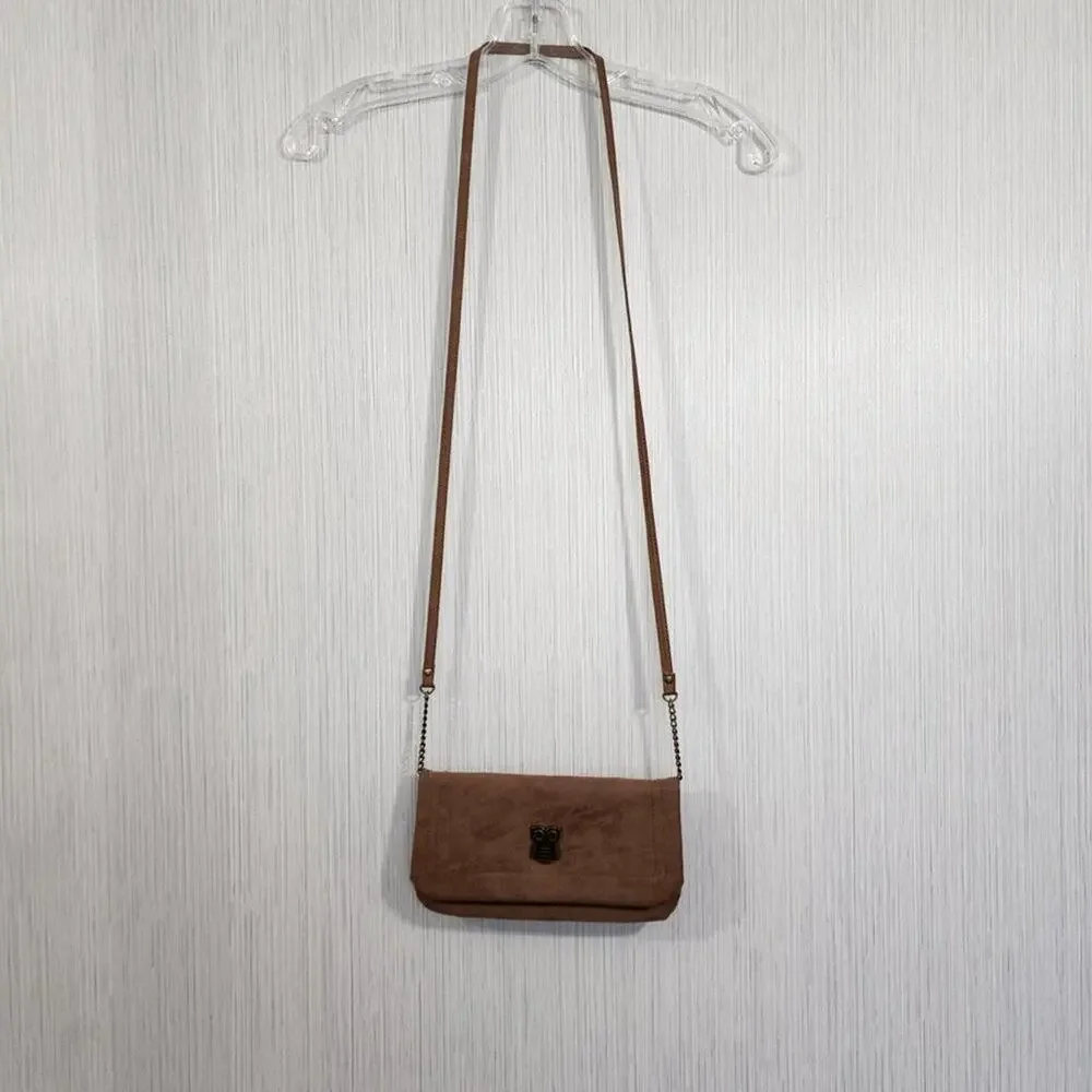 Light Brown Faux Leather Crossbody Purse with Metal‎ Owl Design